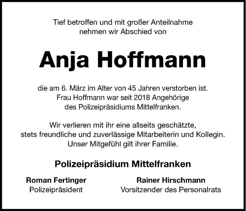  Traueranzeige für Anja Hoffmann vom 13.03.2020 aus Gesamtausgabe Nürnberger Nachrichten/ Nürnberger Ztg.