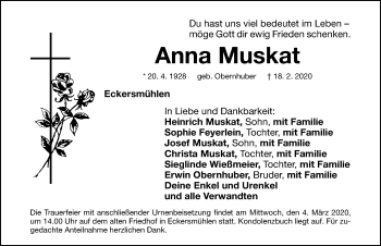 Traueranzeige von Anna Muskat von Roth-Hilpoltsteiner Volkszeitung Lokal