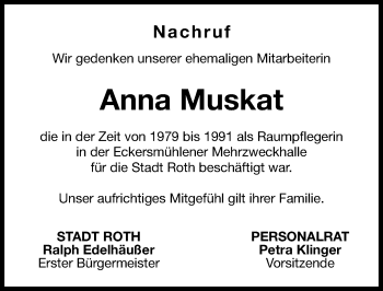 Traueranzeige von Anna Muskat von Roth-Hilpoltsteiner Volkszeitung Lokal