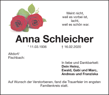 Traueranzeige von Anna Schleicher von Gesamtausgabe Nürnberger Nachrichten/ Nürnberger Ztg.