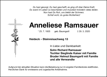 Traueranzeige von Anneliese Ramsauer von Roth-Hilpoltsteiner Volkszeitung Lokal