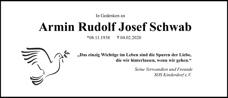  Traueranzeige für Armin Rudolf Josef Schwab vom 24.03.2020 aus Erlanger Nachrichten Lokal