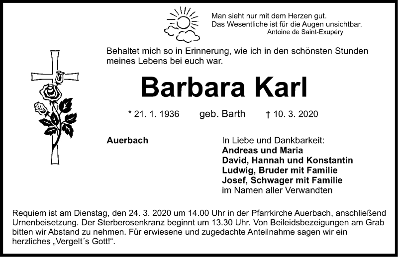  Traueranzeige für Barbara Karl vom 14.03.2020 aus Nordbayerische Nachrichten Pegnitz Lokal