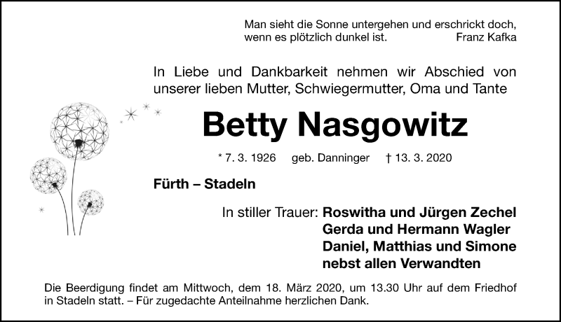  Traueranzeige für Betty Nasgowitz vom 17.03.2020 aus Fürther Nachrichten Lokal