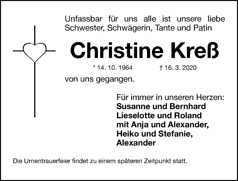  Traueranzeige für Christine Kreß vom 18.03.2020 aus Gesamtausgabe Nürnberger Nachrichten/ Nürnberger Ztg.