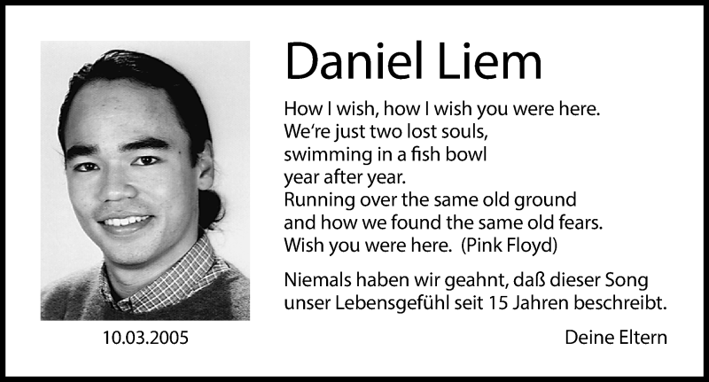  Traueranzeige für Daniel Liem vom 10.03.2020 aus Erlanger Nachrichten Lokal