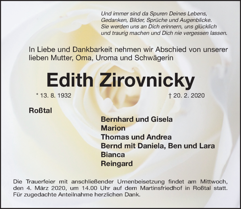  Traueranzeige für Edith Zirovnicky vom 02.03.2020 aus Fürther Nachrichten Lokal