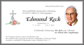Traueranzeige von Edmund Reck von Gesamtausgabe Nürnberger Nachrichten/ Nürnberger Ztg.