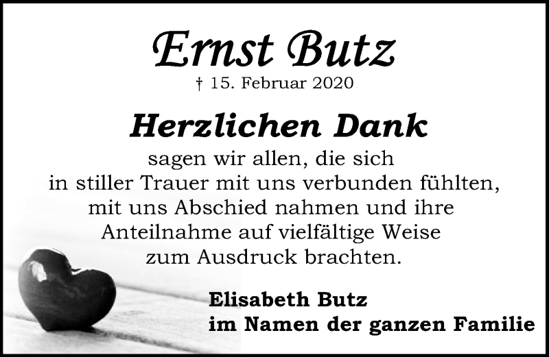  Traueranzeige für Ernst Butz vom 14.03.2020 aus Schwabach