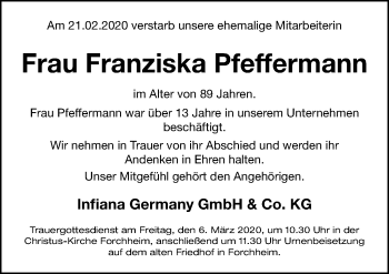 Traueranzeige von Franziska Pfeffermann von Nordbayerische Nachrichten Forchheim Lokal