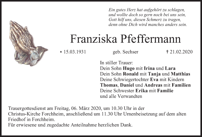  Traueranzeige für Franziska Pfeffermann vom 04.03.2020 aus Nordbayerische Nachrichten Forchheim Lokal