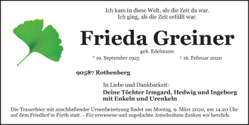 Traueranzeige von Frieda Greiner von Fürther Nachrichten Lokal