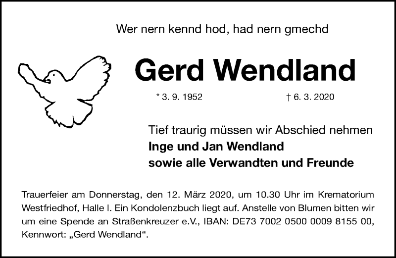  Traueranzeige für Gerd Wendland vom 10.03.2020 aus Gesamtausgabe Nürnberger Nachrichten/ Nürnberger Ztg.