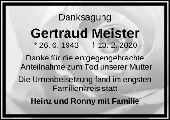 Traueranzeige von Gertraud Meister von Erlanger Nachrichten Lokal