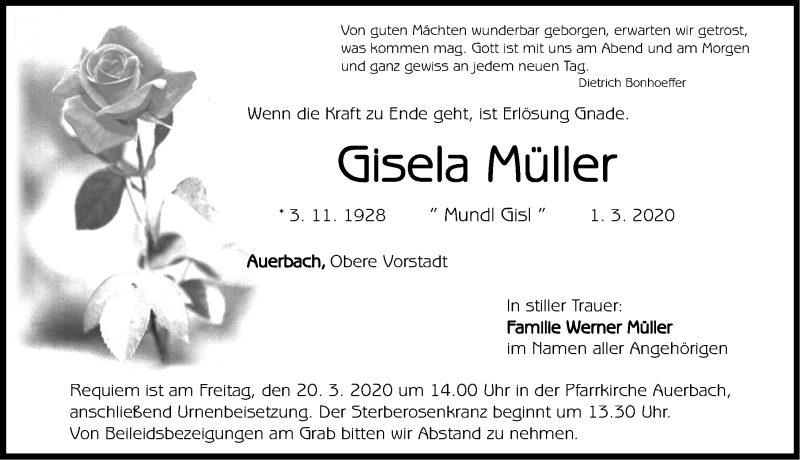  Traueranzeige für Gisela Müller vom 14.03.2020 aus Nordbayerische Nachrichten Pegnitz Lokal