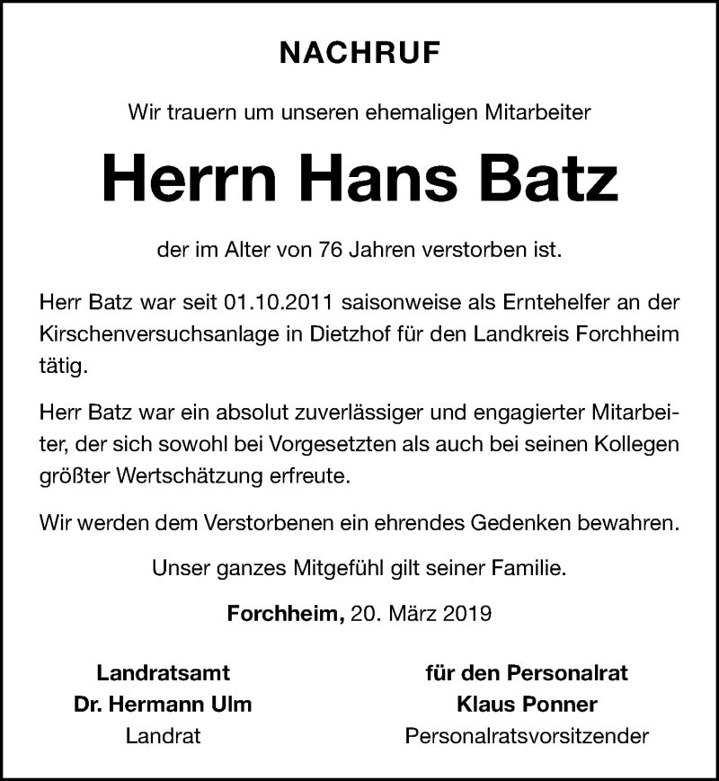  Traueranzeige für Hans Batz vom 23.03.2020 aus Nordbayerische Nachrichten Forchheim Lokal