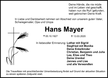 Traueranzeige von Hans Mayer von Nordbayerische Nachrichten Herzogenaurach Lokal