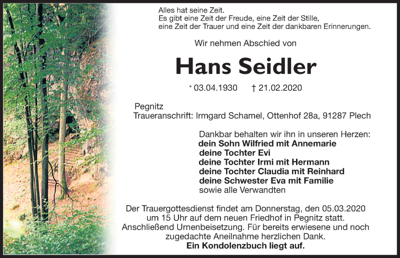  Traueranzeige für Hans Seidler vom 03.03.2020 aus Nordbayerische Nachrichten Pegnitz Lokal