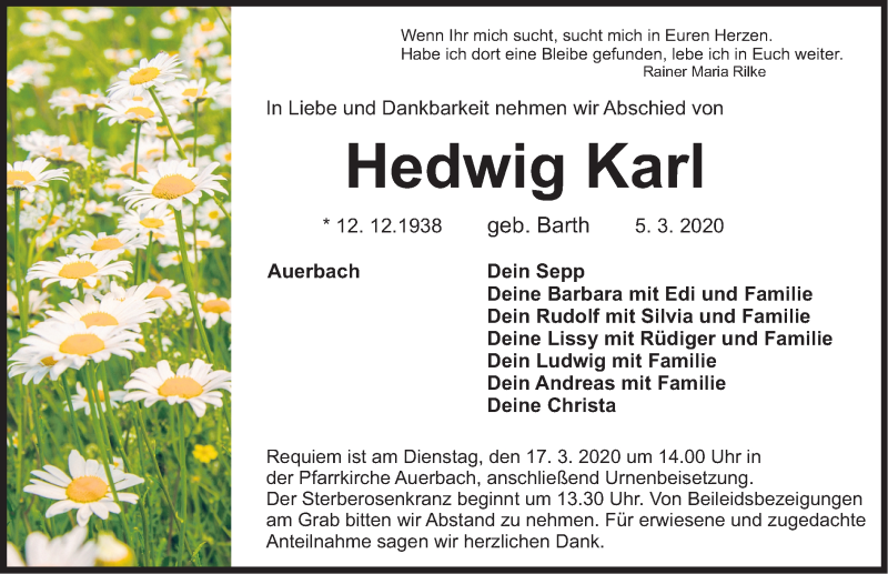  Traueranzeige für Hedwig Karl vom 12.03.2020 aus Nordbayerische Nachrichten Pegnitz Lokal