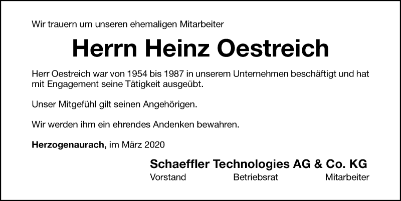  Traueranzeige für Heinz Oestreich vom 31.03.2020 aus Nordbayerische Nachrichten Herzogenaurach Lokal