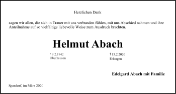 Traueranzeige von Helmut Abach von Erlanger Nachrichten/ Nordbayer. Nachrichten Herzogenaurach