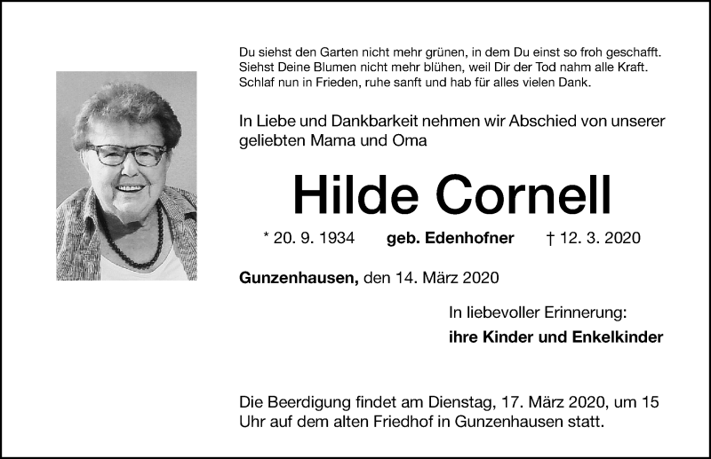  Traueranzeige für Hilde Cornell vom 14.03.2020 aus Altmühl-Bote Lokal