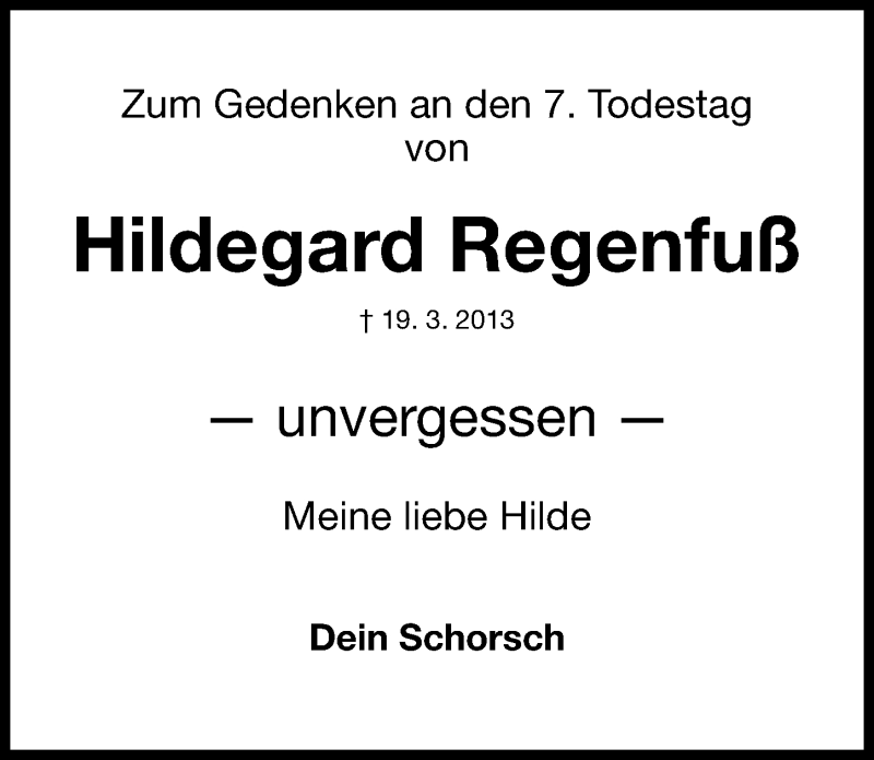  Traueranzeige für Hildegard Regenfuß vom 19.03.2020 aus Fürther Nachrichten Lokal