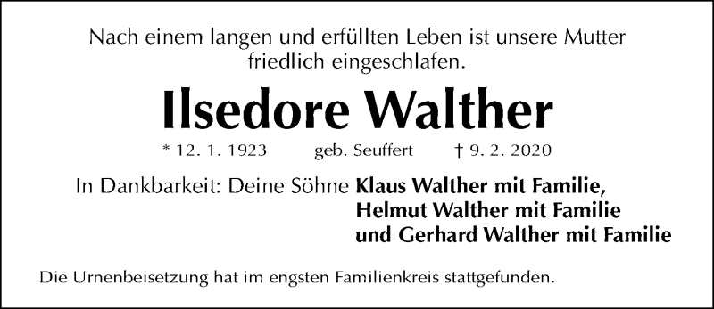  Traueranzeige für Ilsedore Walther vom 04.03.2020 aus Gesamtausgabe Nürnberger Nachrichten/ Nürnberger Ztg.