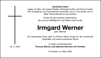 Traueranzeige von Irmgard Werner von Nordbayerische Nachrichten Forchheim Lokal