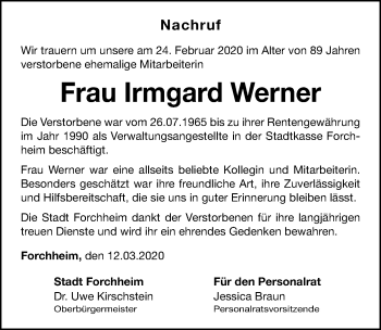 Traueranzeige von Irmgard Werner von Nordbayerische Nachrichten Forchheim Lokal