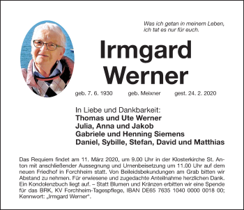 Traueranzeige von Irmgard Werner von Nordbayerische Nachrichten Forchheim Lokal
