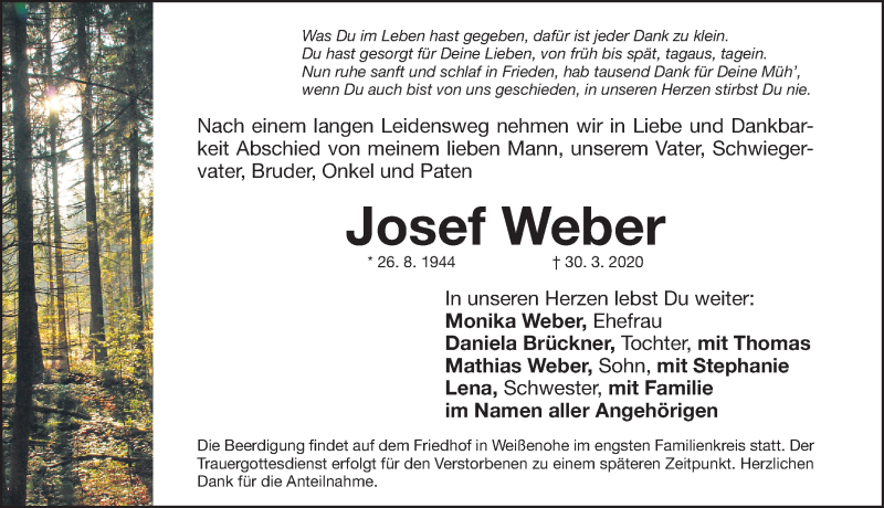  Traueranzeige für Josef Weber vom 01.04.2020 aus Nordbayerische Nachrichten Forchheim Lokal