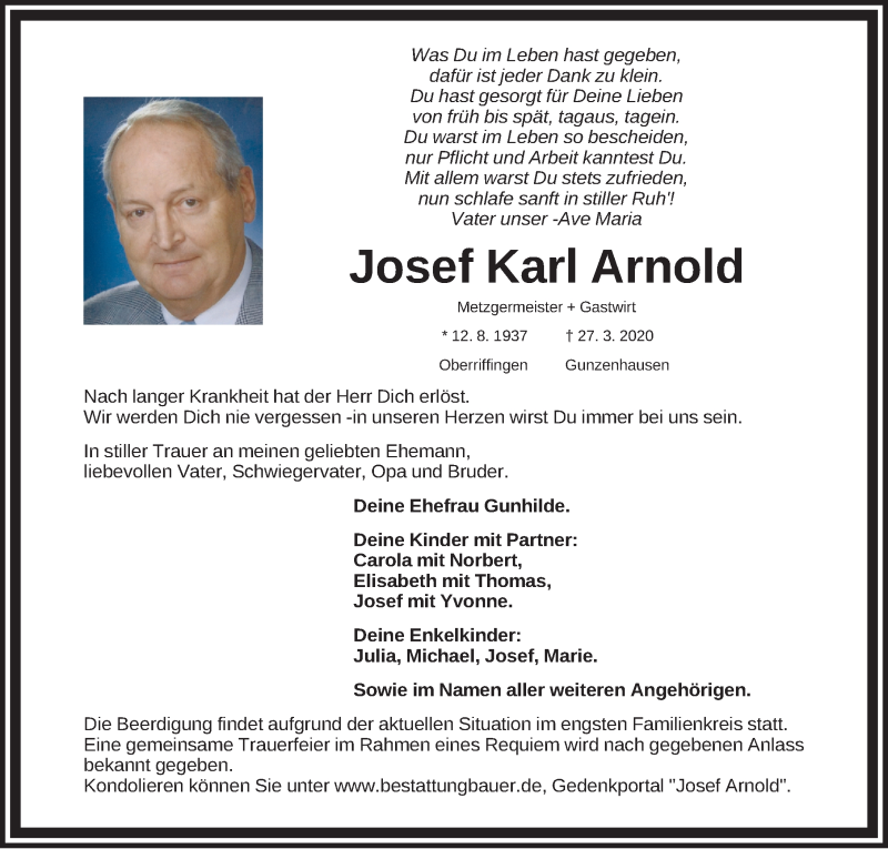  Traueranzeige für Josef Karl Arnold vom 31.03.2020 aus Altmühl-Bote Lokal