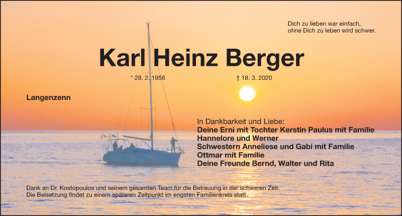  Traueranzeige für Karl Heinz Berger vom 25.03.2020 aus Fürther Nachrichten Lokal