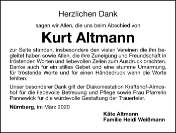 Traueranzeige von Kurt Altmann von Gesamtausgabe Nürnberger Nachrichten/ Nürnberger Ztg.