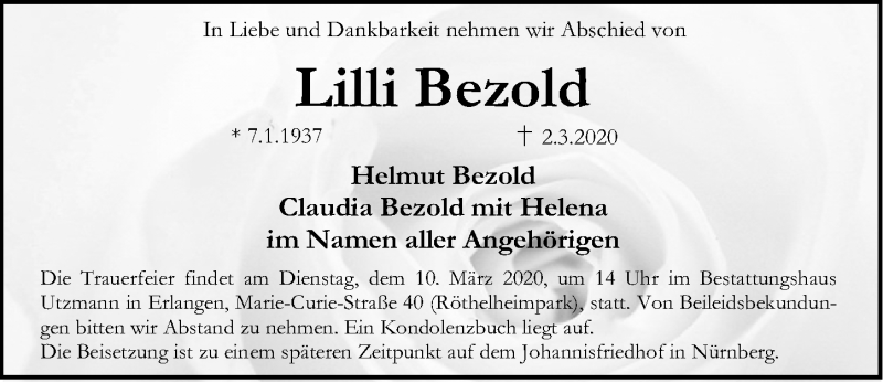  Traueranzeige für Lilli Bezold vom 05.03.2020 aus Gesamtausgabe Nürnberger Nachrichten/ Nürnberger Ztg.