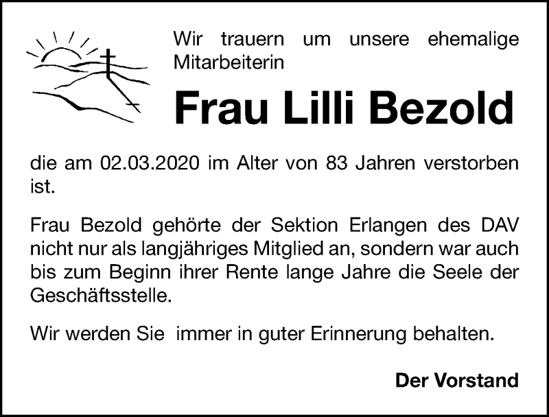  Traueranzeige für Lilli Bezold vom 13.03.2020 aus Erlanger Nachrichten Lokal