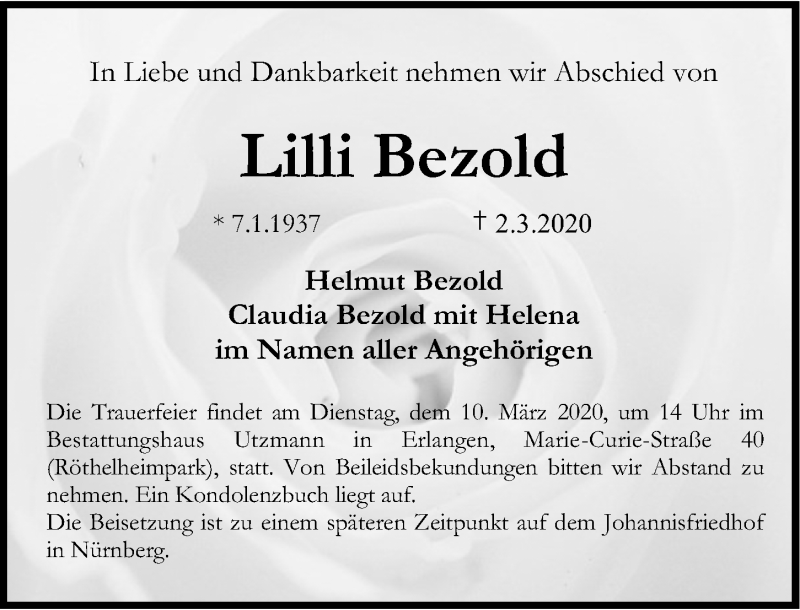  Traueranzeige für Lilli Bezold vom 05.03.2020 aus Erlanger Nachrichten/ Nordbayer. Nachrichten Forchheim