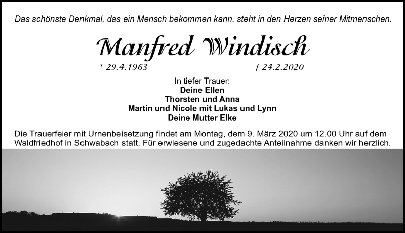  Traueranzeige für Manfred Windisch vom 07.03.2020 aus Schwabach