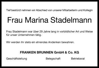 Traueranzeige von Marina Stadelmann von Windsheimer Zeitung Lokal