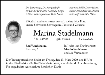 Traueranzeige von Marina Stadelmann von Windsheimer Zeitung Lokal