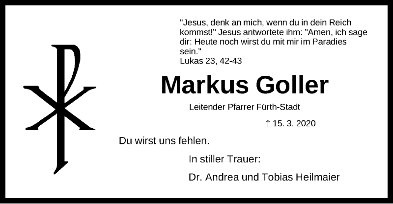  Traueranzeige für Markus Goller vom 21.03.2020 aus Fürther Nachrichten Lokal