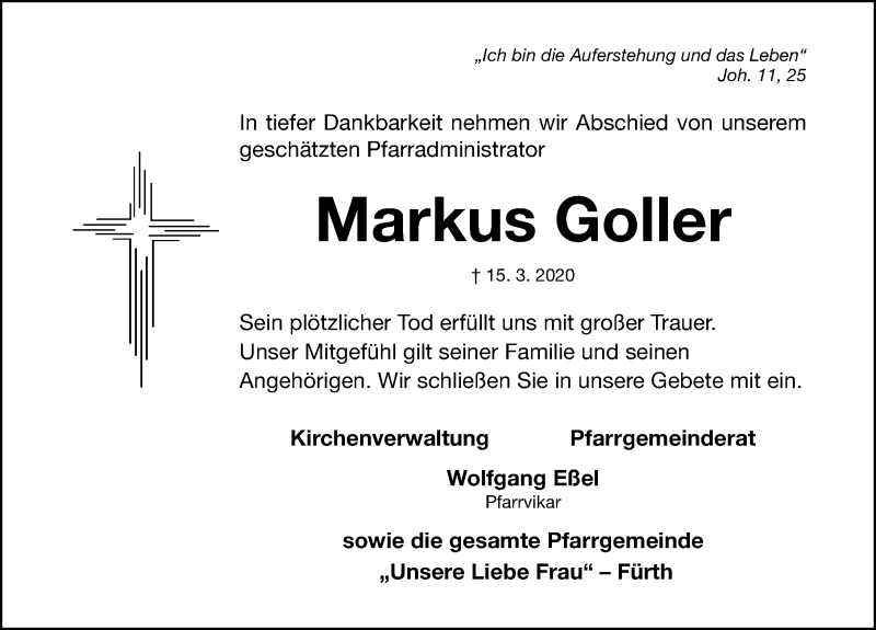  Traueranzeige für Markus Goller vom 21.03.2020 aus Fürther Nachrichten Lokal