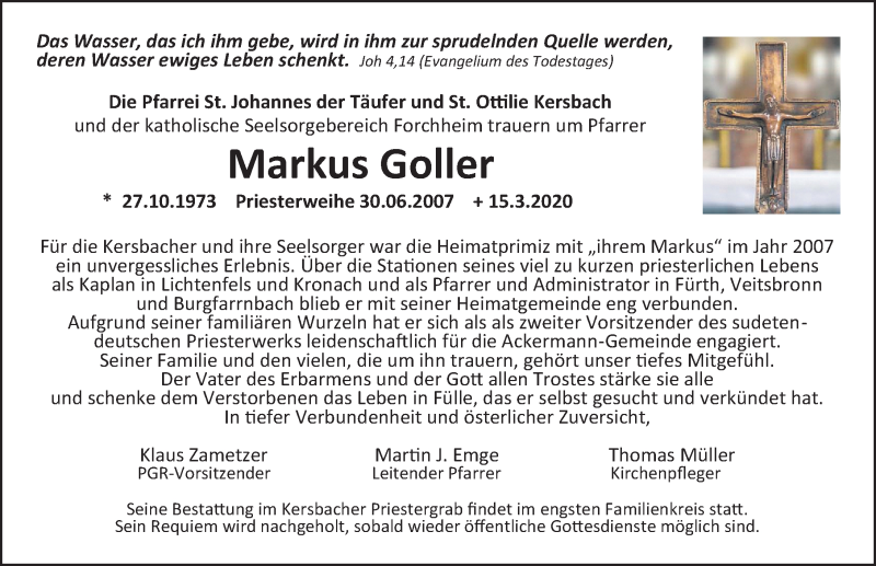  Traueranzeige für Markus Goller vom 24.03.2020 aus Nordbayerische Nachrichten Forchheim Lokal