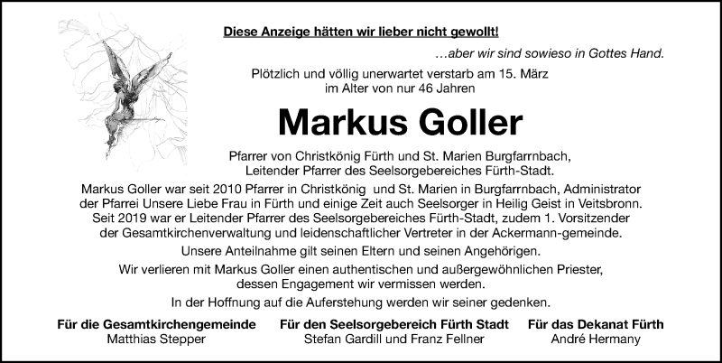  Traueranzeige für Markus Goller vom 21.03.2020 aus Fürther Nachrichten Lokal