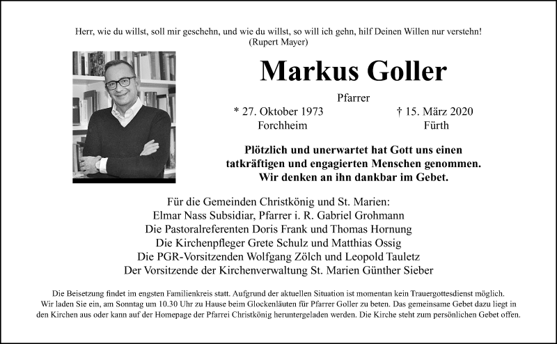  Traueranzeige für Markus Goller vom 21.03.2020 aus Fürther Nachrichten Lokal