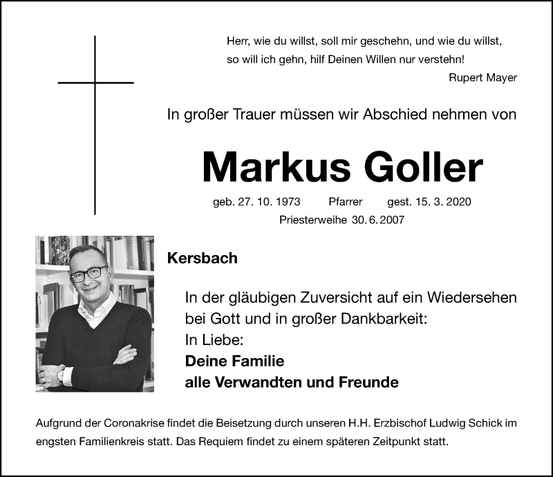  Traueranzeige für Markus Goller vom 21.03.2020 aus Nordbayerische Nachrichten Forchheim Lokal