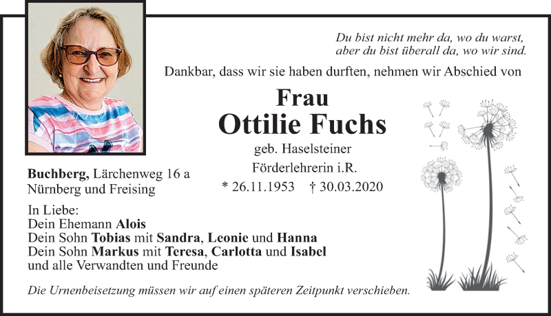  Traueranzeige für Ottilie Fuchs vom 01.04.2020 aus Neumarkter Nachrichten Lokal