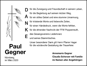 Traueranzeige von Paul Gegner von Gesamtausgabe Nürnberger Nachrichten/ Nürnberger Ztg.