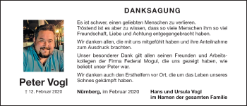 Traueranzeige von Peter Vogl von Gesamtausgabe Nürnberger Nachrichten/ Nürnberger Ztg.
